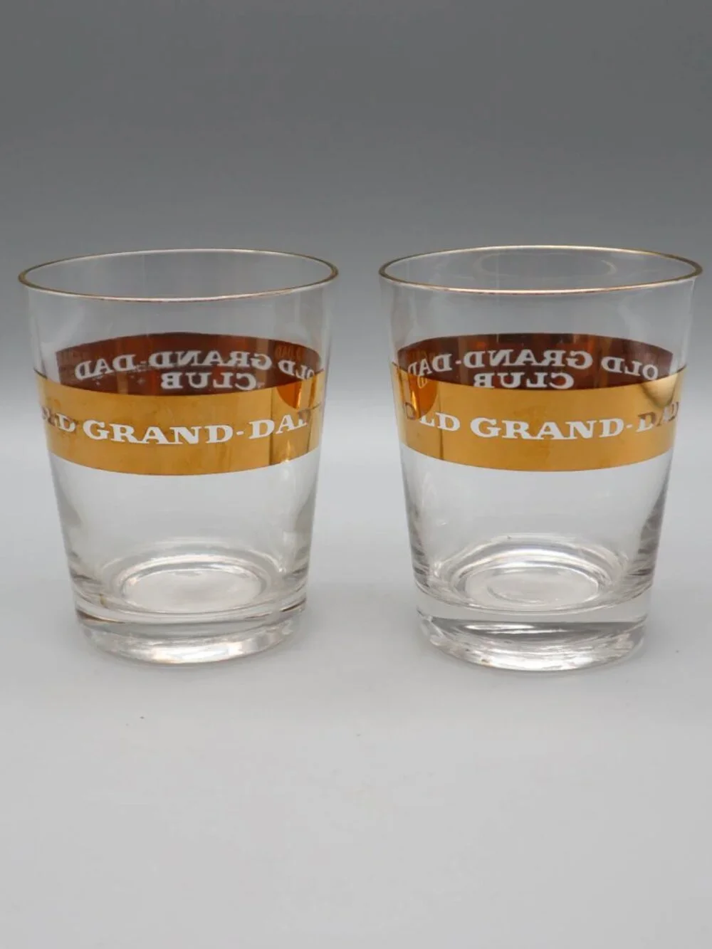 2 Vtg Old Grand-Dad Club Whiskey Rocks Tumblers Glasses Gold Gilt MCM Barware